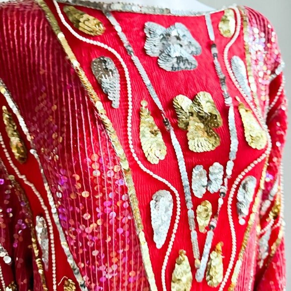 Vintage Red Silk Beaded Embroidered Long Sleeve Sheath Dress S/M - Picture 8 of 13